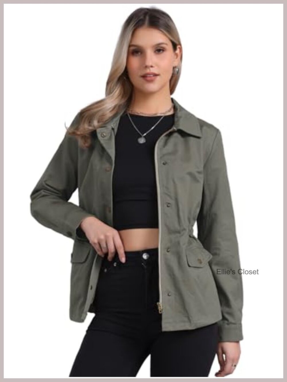 Women's Utility Jacket Cotton Zip Up Drawstring Waist Coat with Pockets